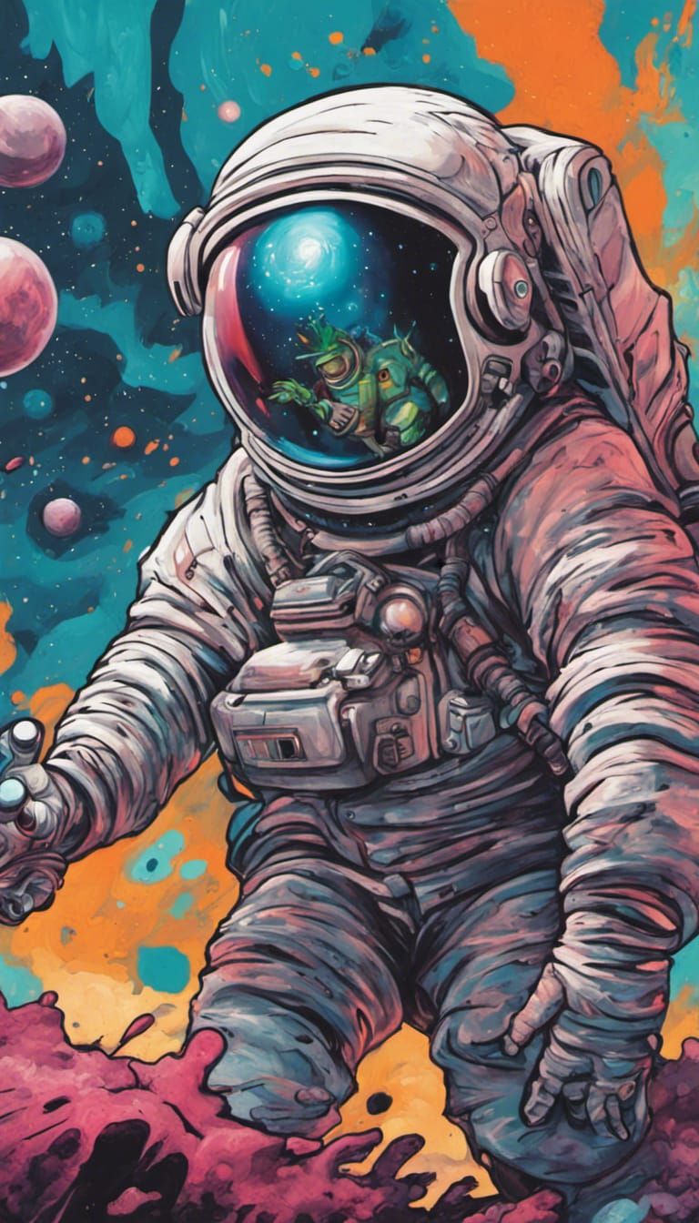 Astronaut Stranded, Galaxy Backdrop as Graffiti Art