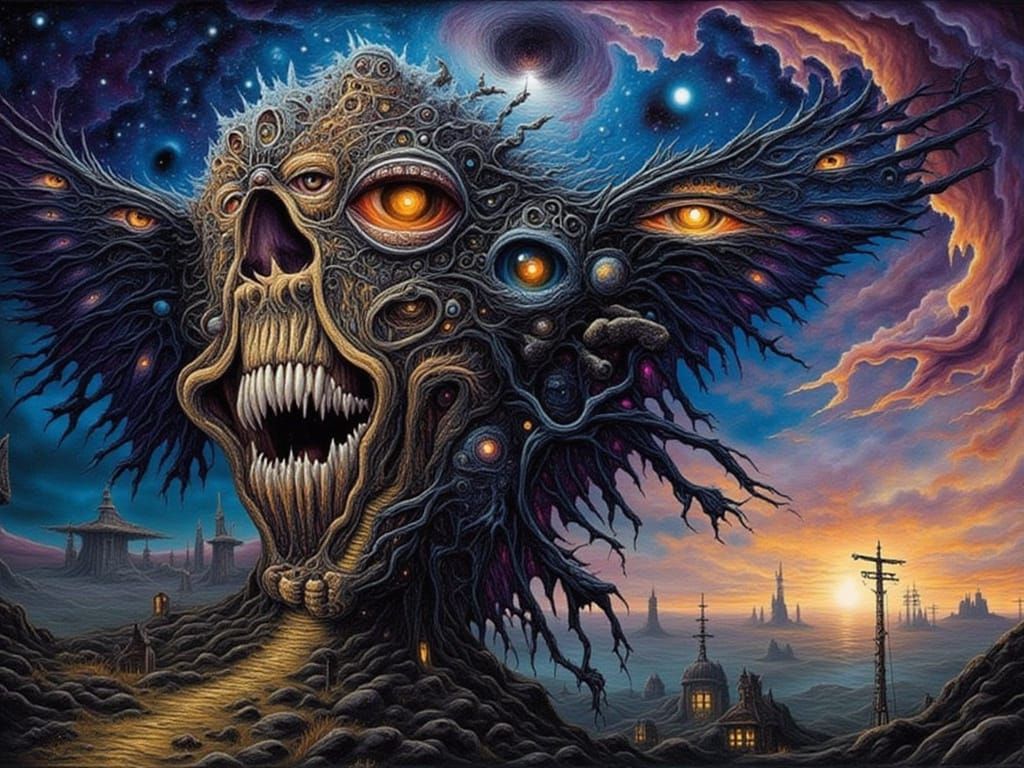 Fractal-Faced Man in Surreal Mindscape