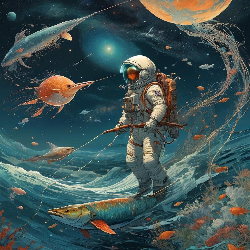 Astronaut Fishing on Moon Beach in Art Nouveau Style