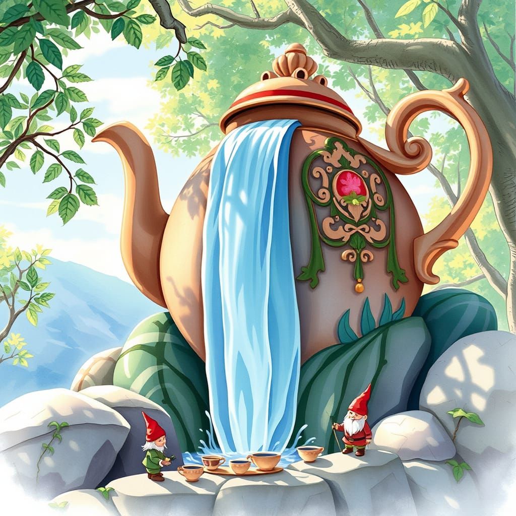 Teapot Waterfall with Gnomes in Watercolor Style