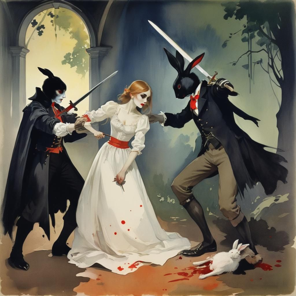 Vampire Rabbit Sword Fight in Ink Splatter Style
