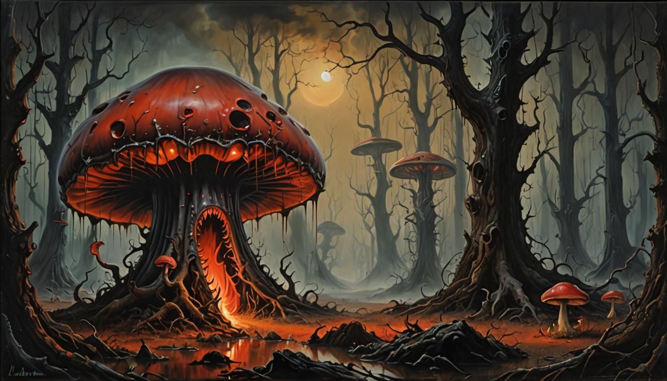 Angry Mushroom with Glowing Maw in Surrealist Style