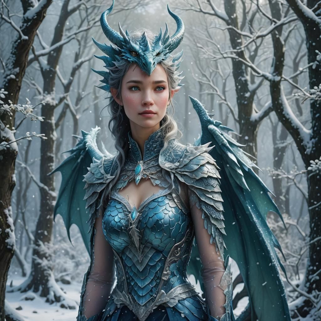 Majestic Blue Dragon in Snowing Forest: Fantasy Art