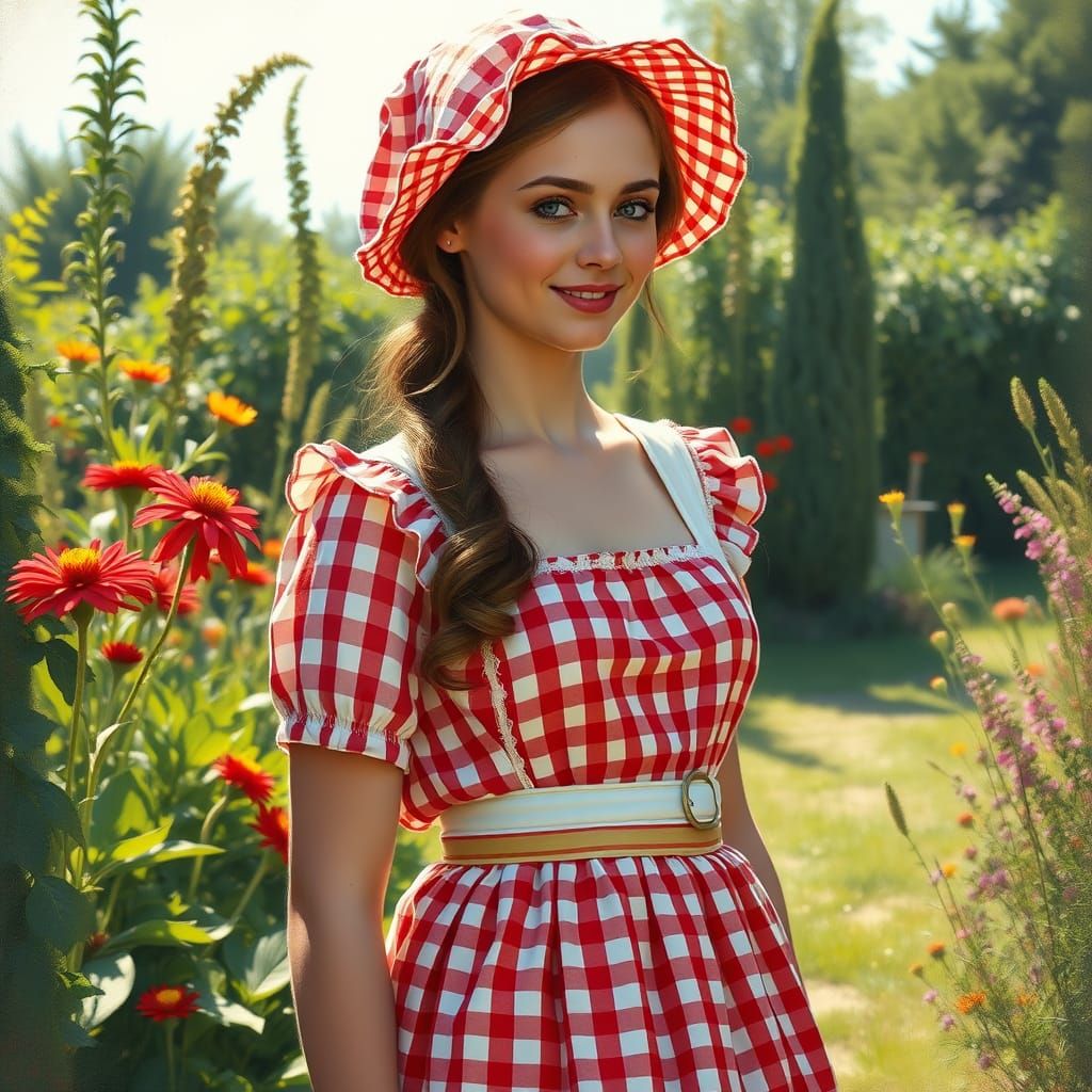 Woman in Gingham Dress in a Sun-Drenched Garden