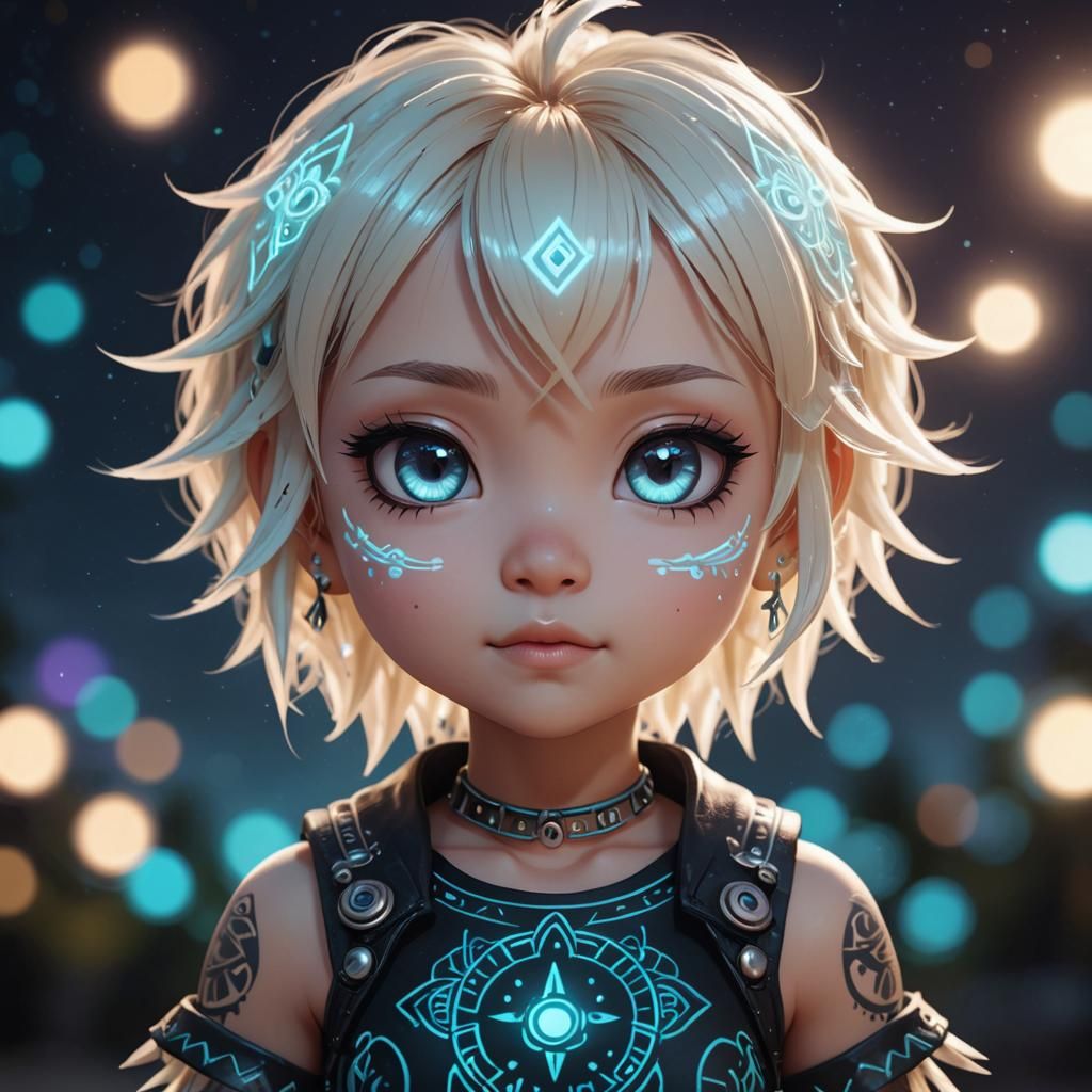 Chibi Anime Waifu with Neon Tattoos in Harajuku Style