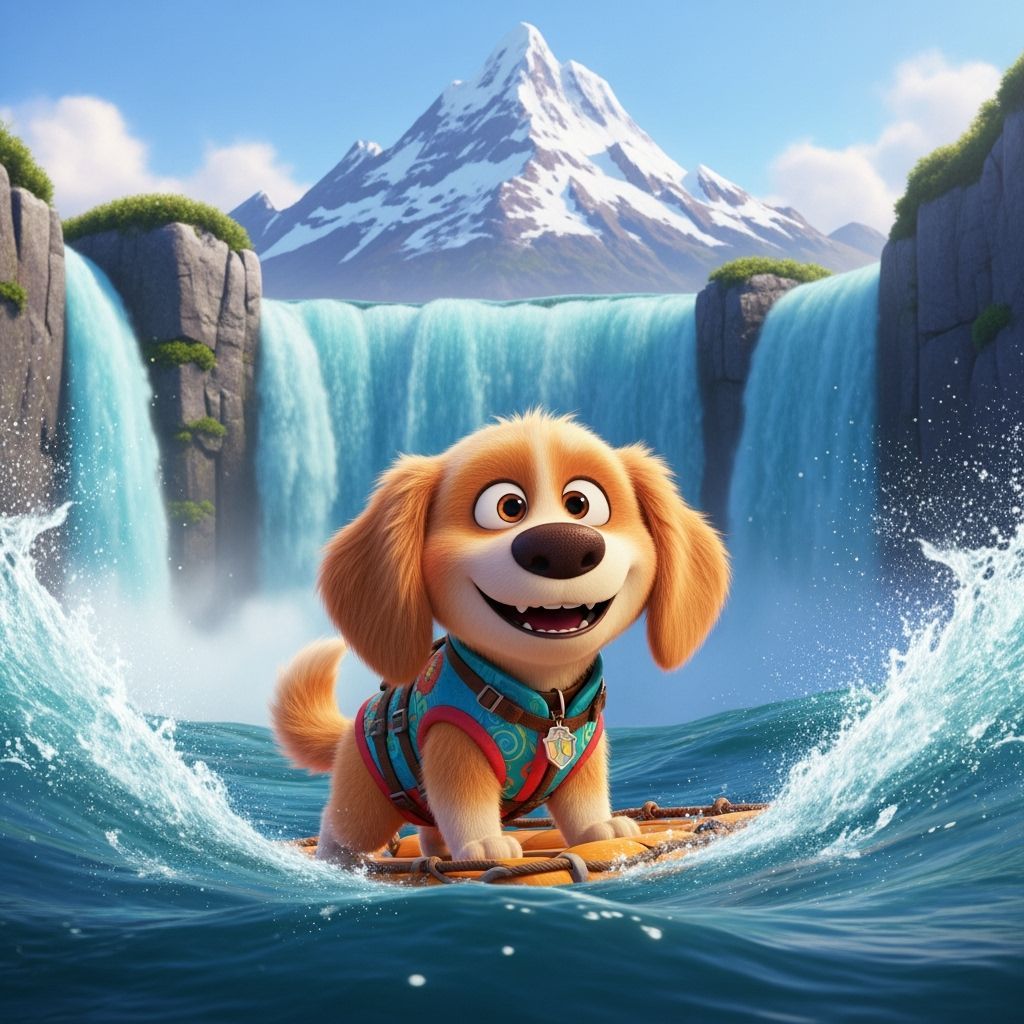 Golden Retriever Puppy's Rafting Adventure in Pixar Style