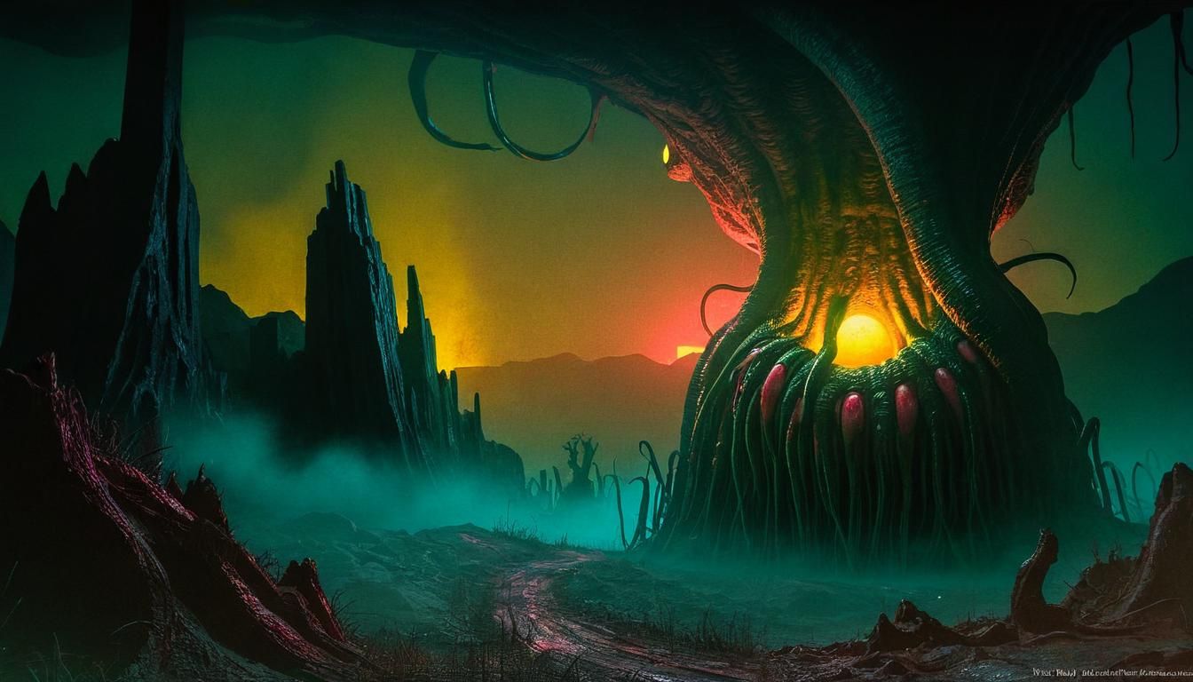 Lovecraftian Horror Landscape in Mixed Media