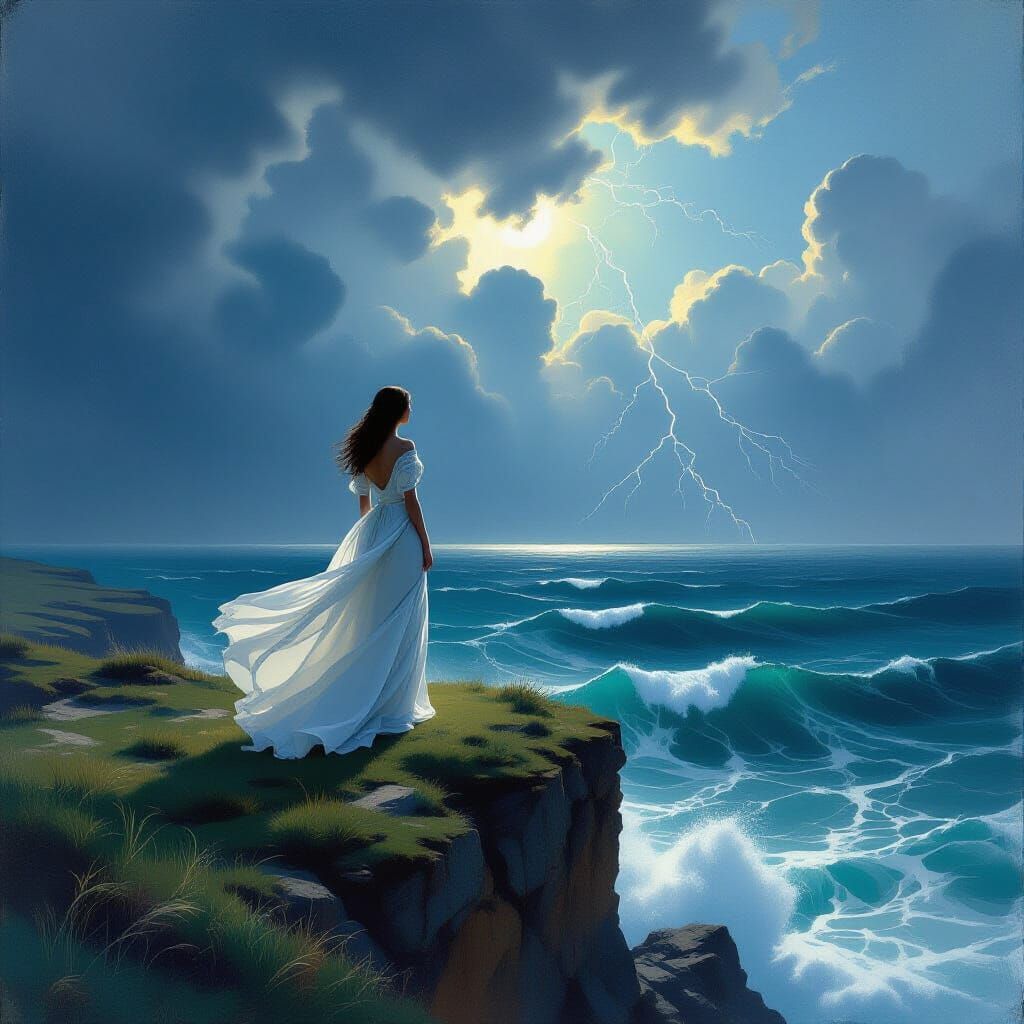 Woman Contemplating Stormy Sea on Cliff Edge
