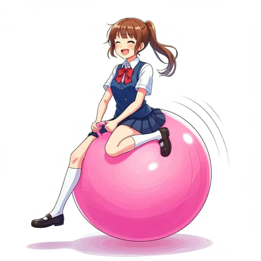Whimsical School Girl Bounces on a Vibrant Pink Hopper Ball