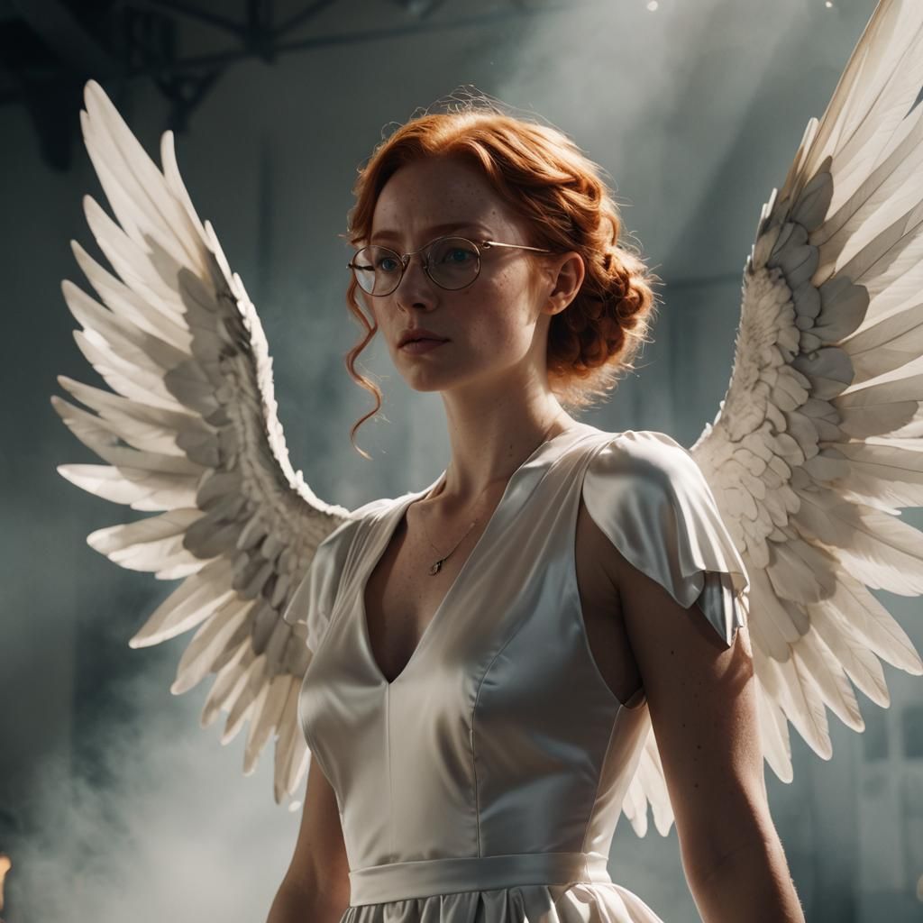 Winged Woman in White Dress, Cinematic Lighting