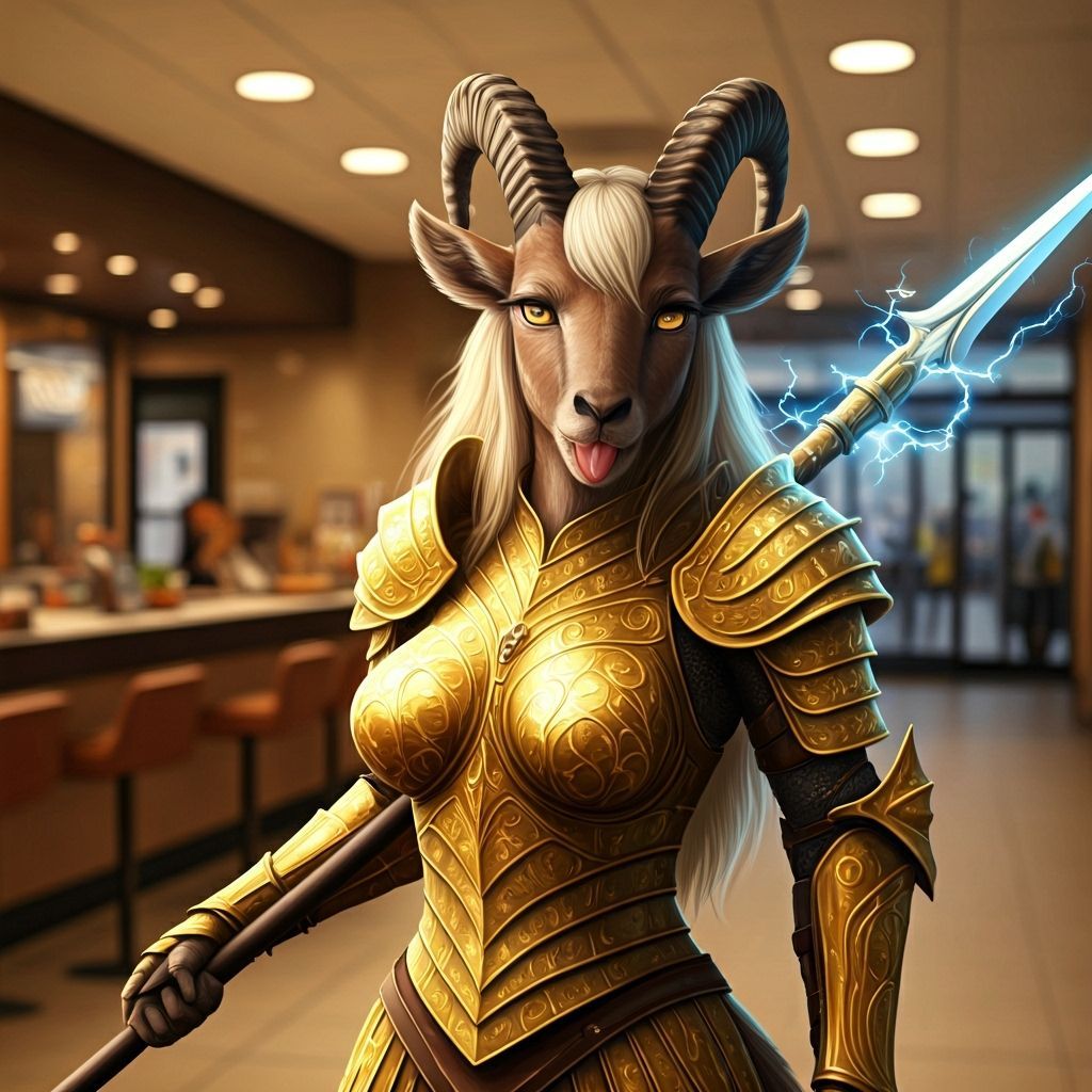 Anthropomorphic Ibex Warrior in Golden Armor at Burger King