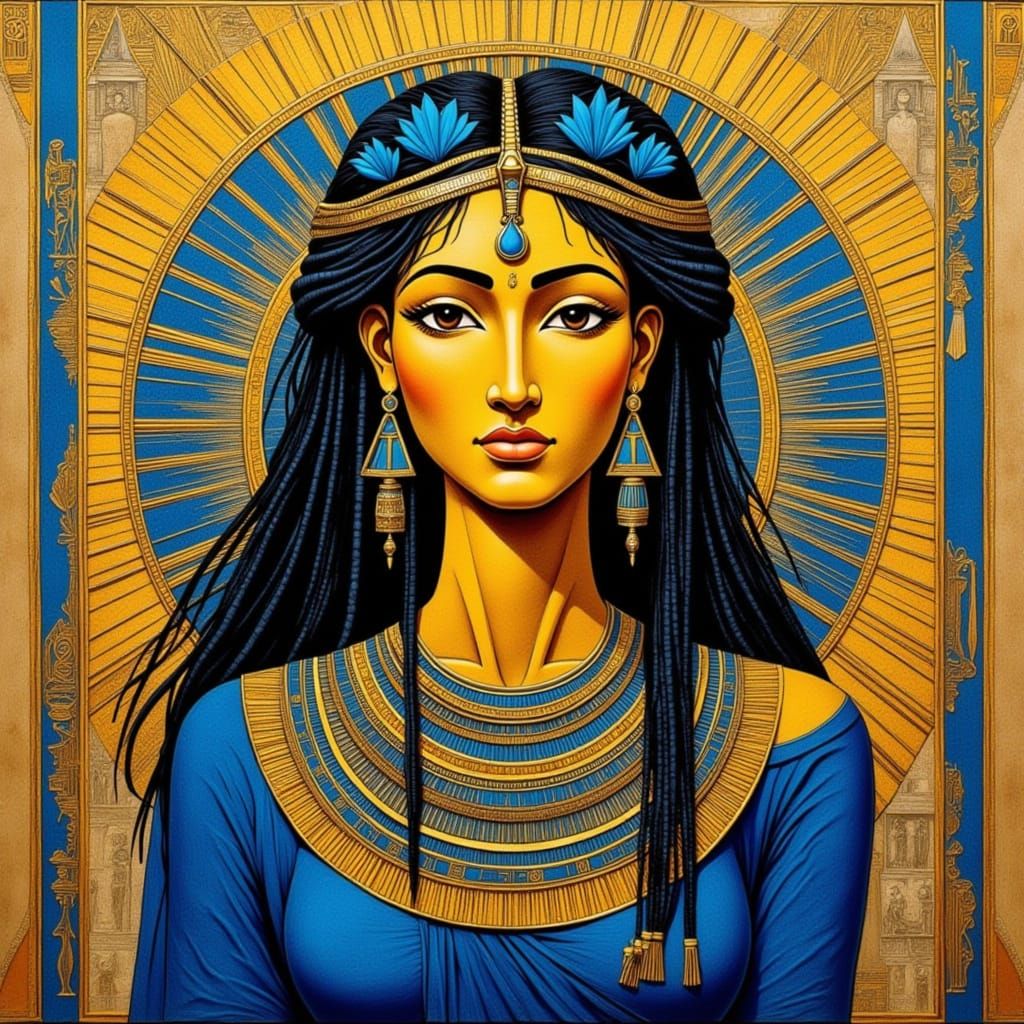 <lora:EGYPTIAN GOLD:1.0> Radiating power the goddess Isis with long dark dreadlocks and tanned skin in a blue clothes we...
