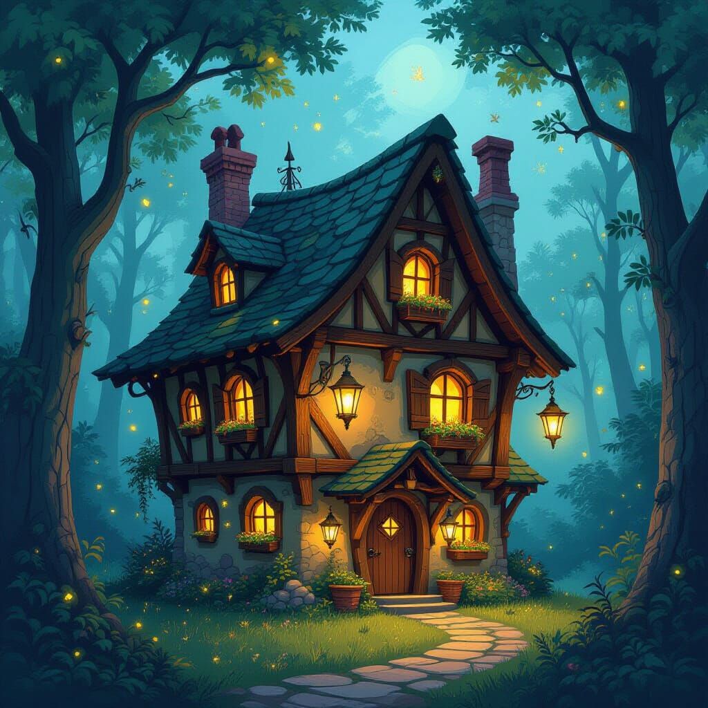 Whimsical House in Enchanted Forest Illustration
