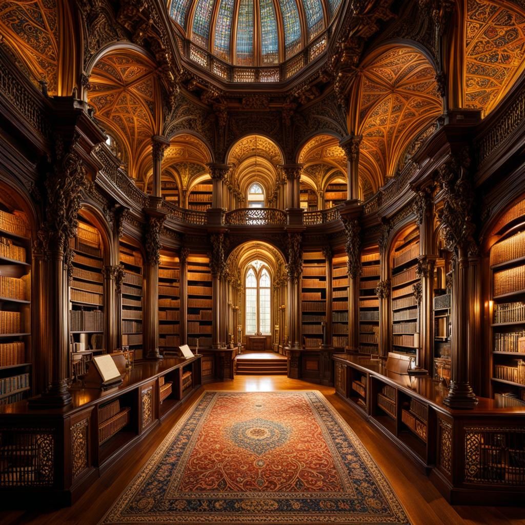 Radiant Library Interior with Intricate Filigree