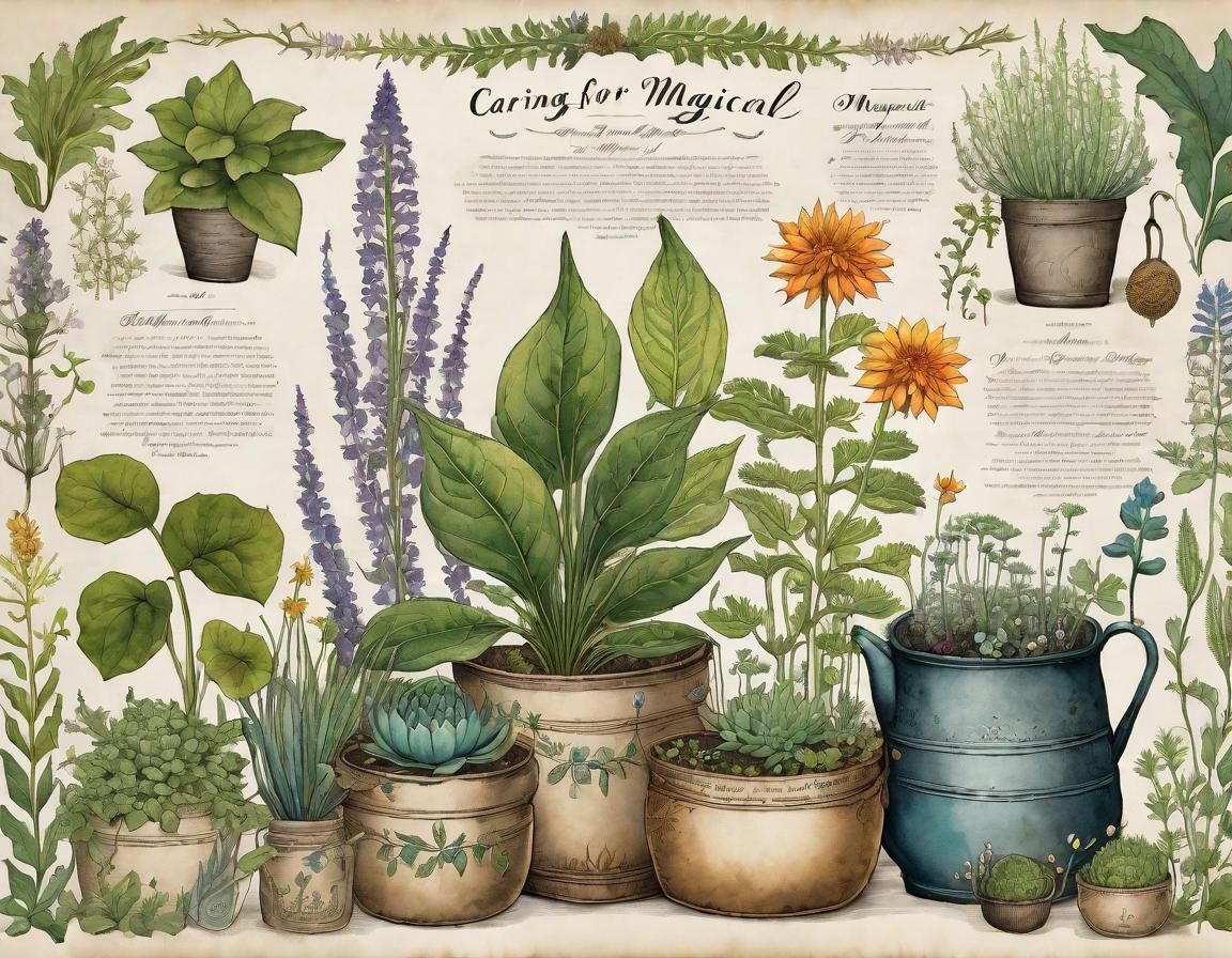 Magical Plants Care: Intricate Ink Illustration on Parchment