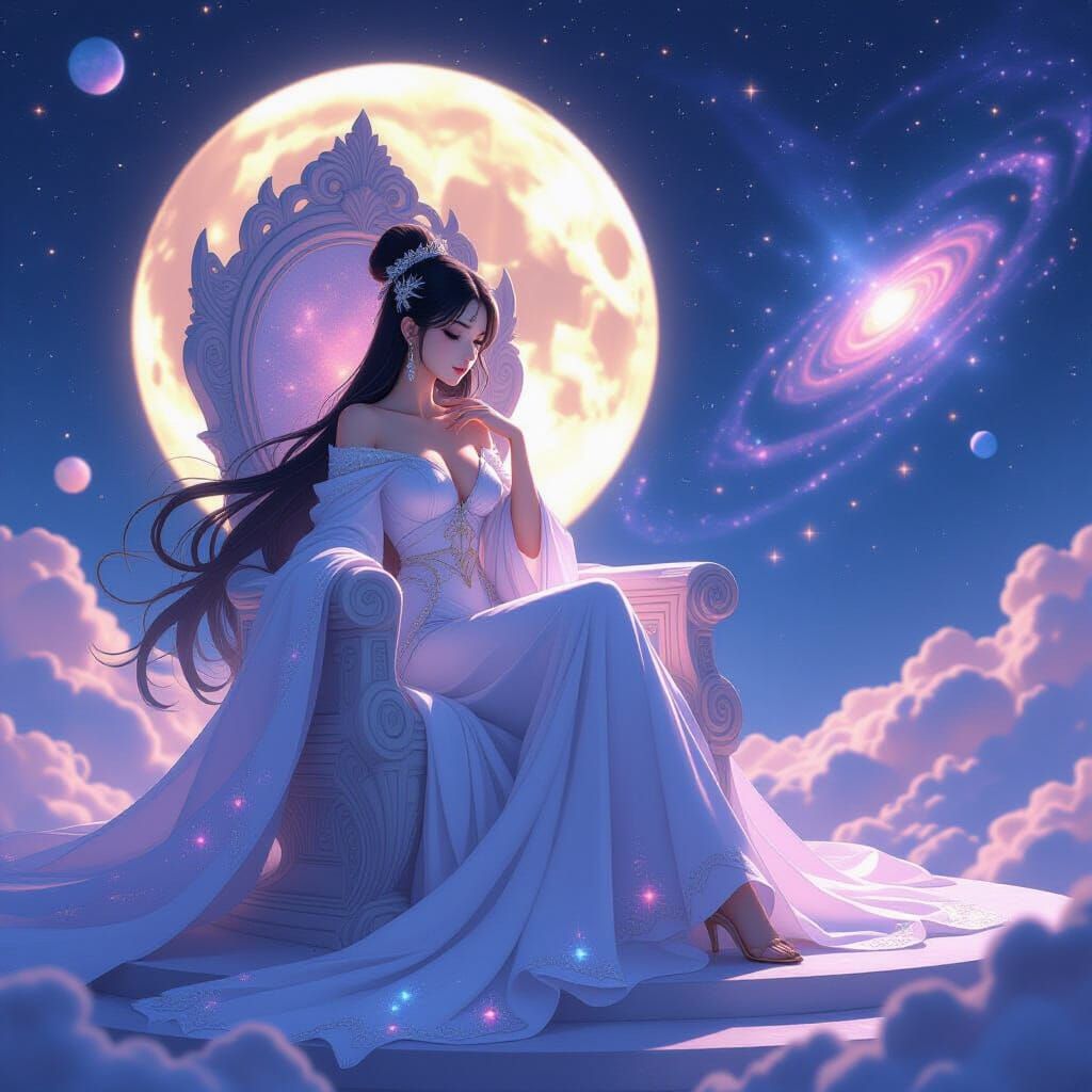Celestial Empress in Starlight Robes Gazing at Galaxy