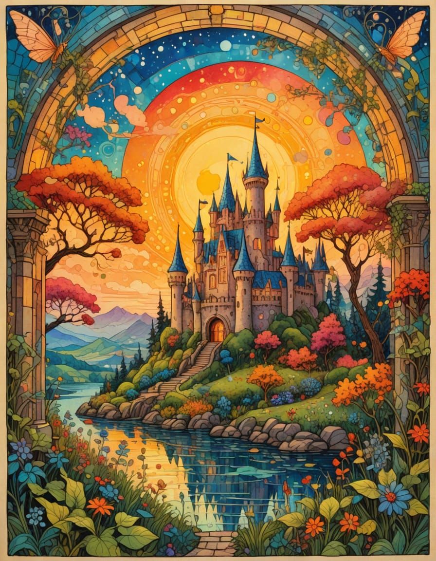 Magical Fairy Castle in Neo-Impressionist Storybook Style