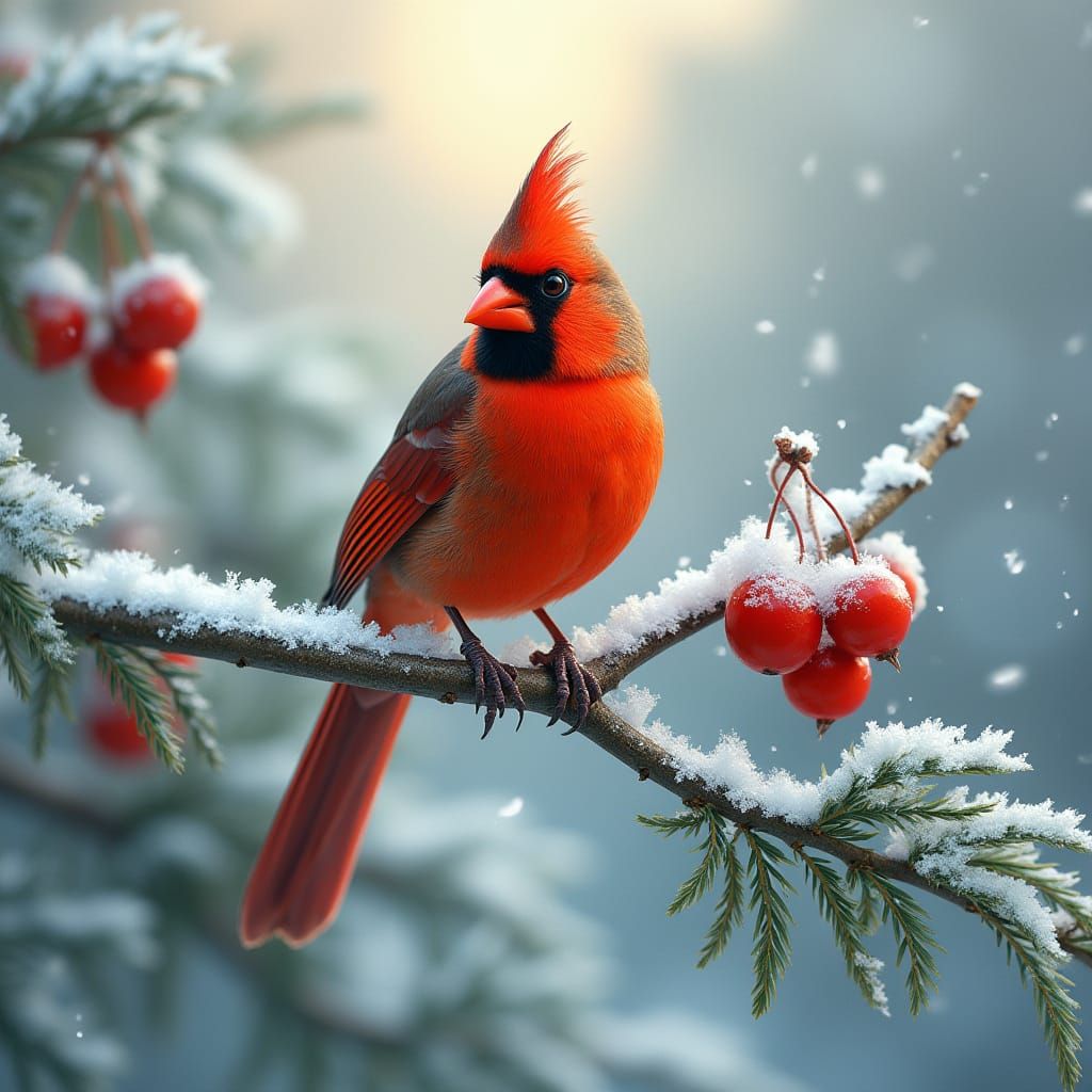 Hyperrealistic Cardinal in Winter Wonderland
