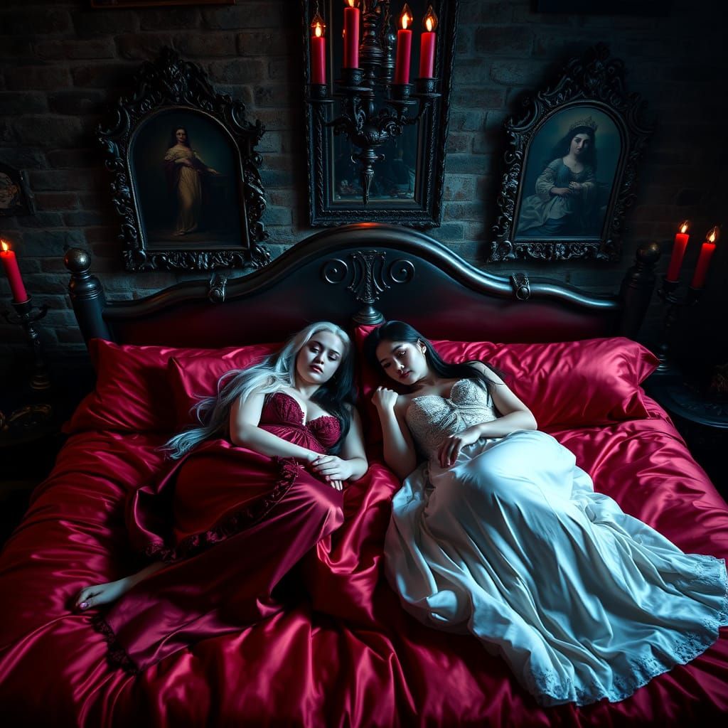 Elegant Gothic Night Scene of Two Girls in a Luxurious Bed