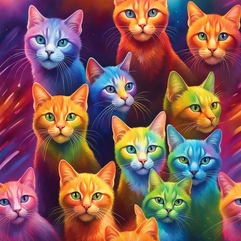 Rainbow Shimmer Cats in Air: Hyperrealistic Splash Art