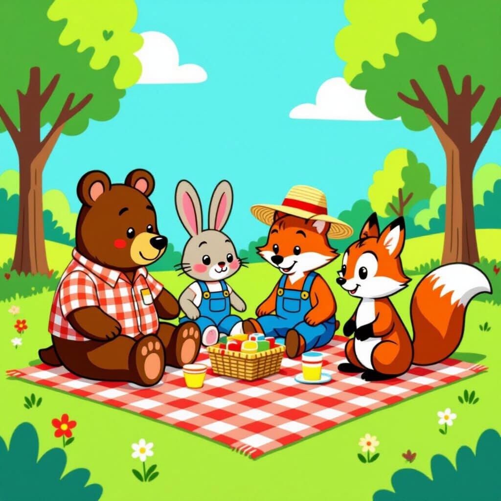 Anthropomorphic Animals Picnic in a Vintage Cartoon Style