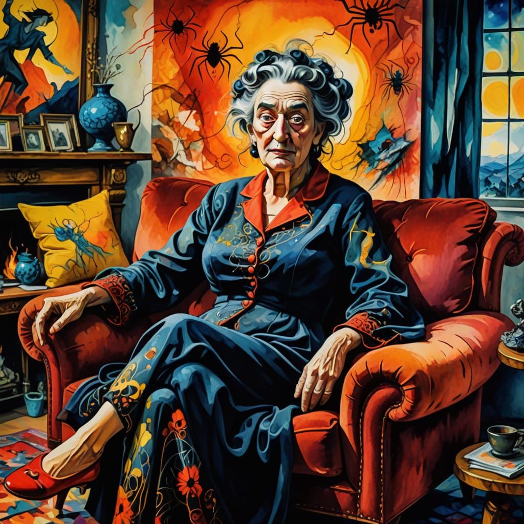 Warm Whimsy: Elderly Witch in Cozy Cartoon Chaos