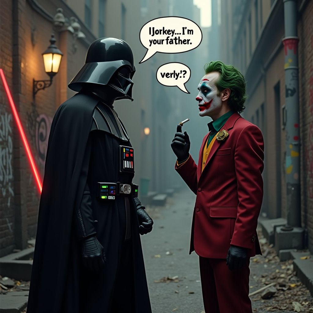 Darth Vader Confronts Joker in Gritty Cityscape