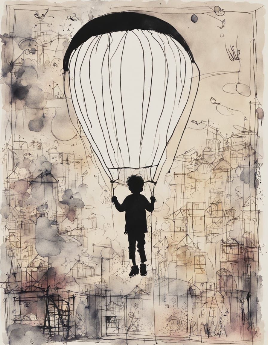 Whimsical Ink Sketch of a Child and Balloon