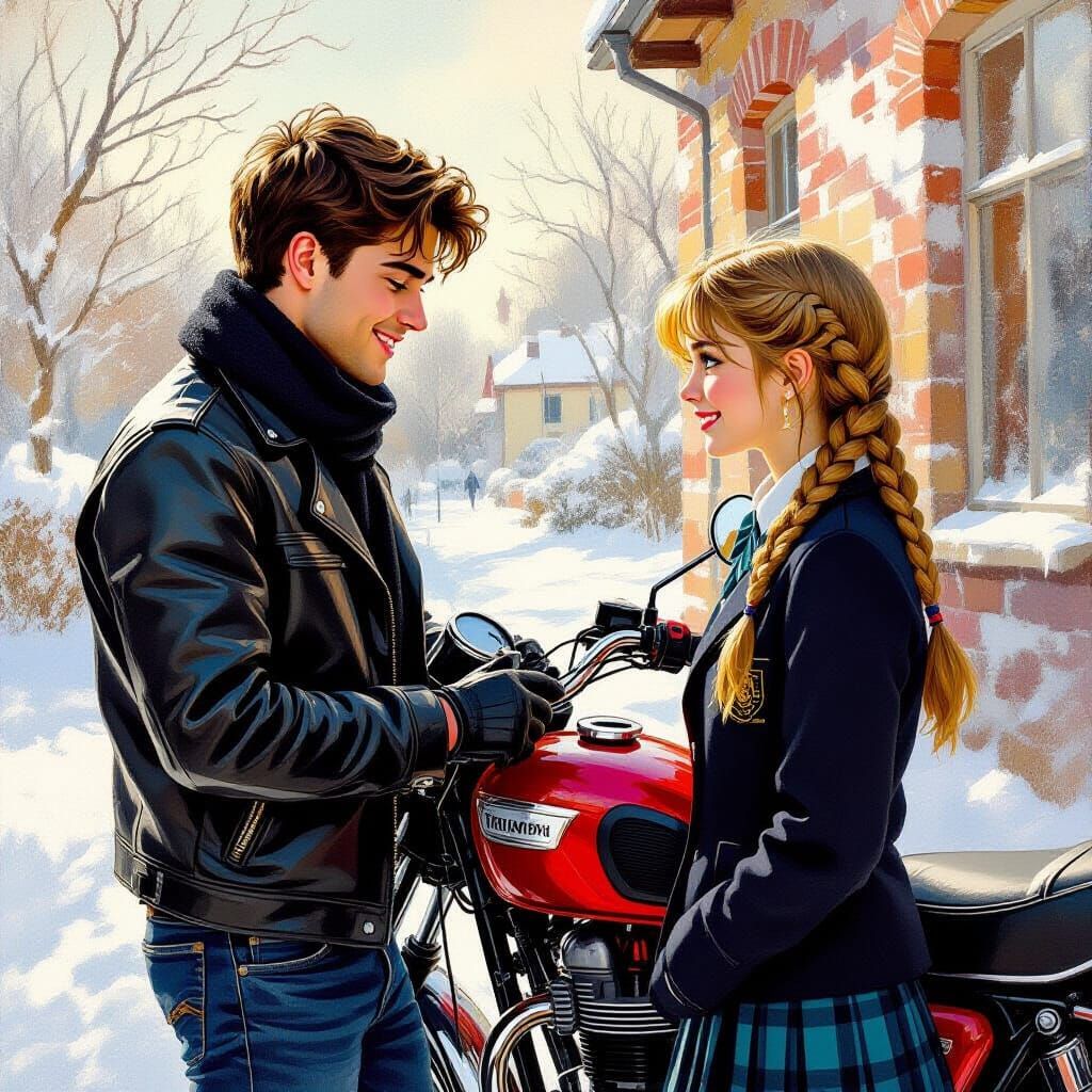 Italian Man and Girl with Triumph Motorbike