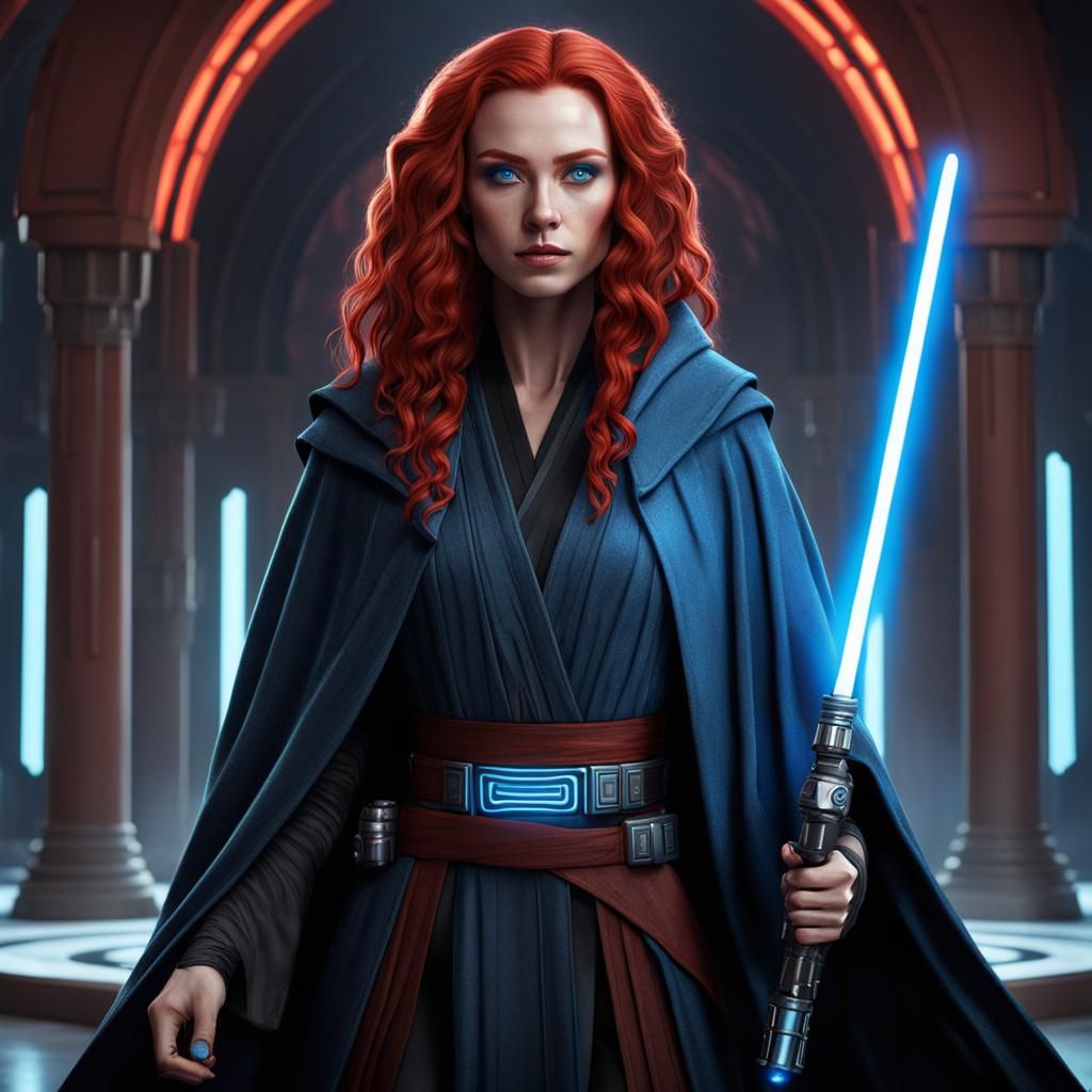 Female Jedi with Blue Lightsaber in Temple
