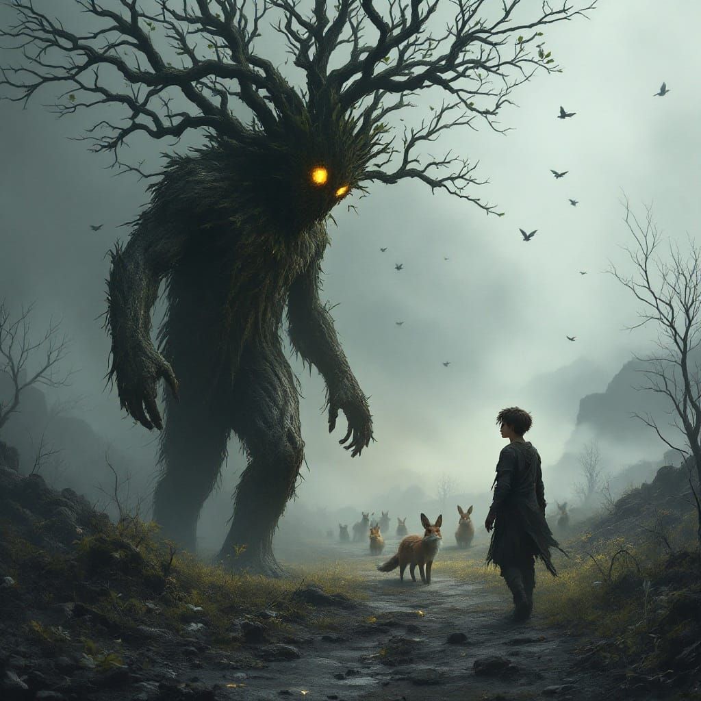 Desolate Landscape: The Tree God's Haunting Procession