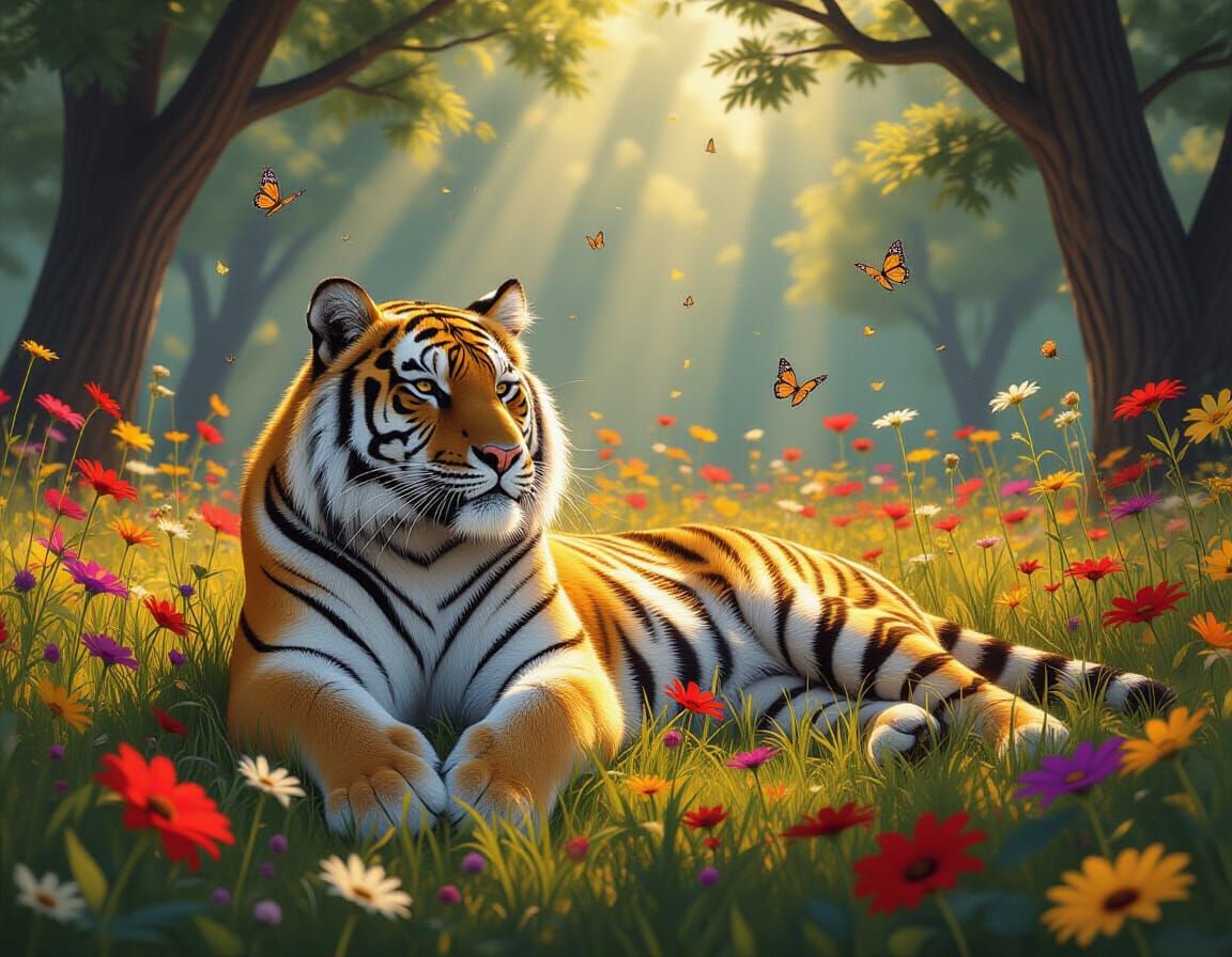 Majestic Tiger Lounging in Wildflower Meadow