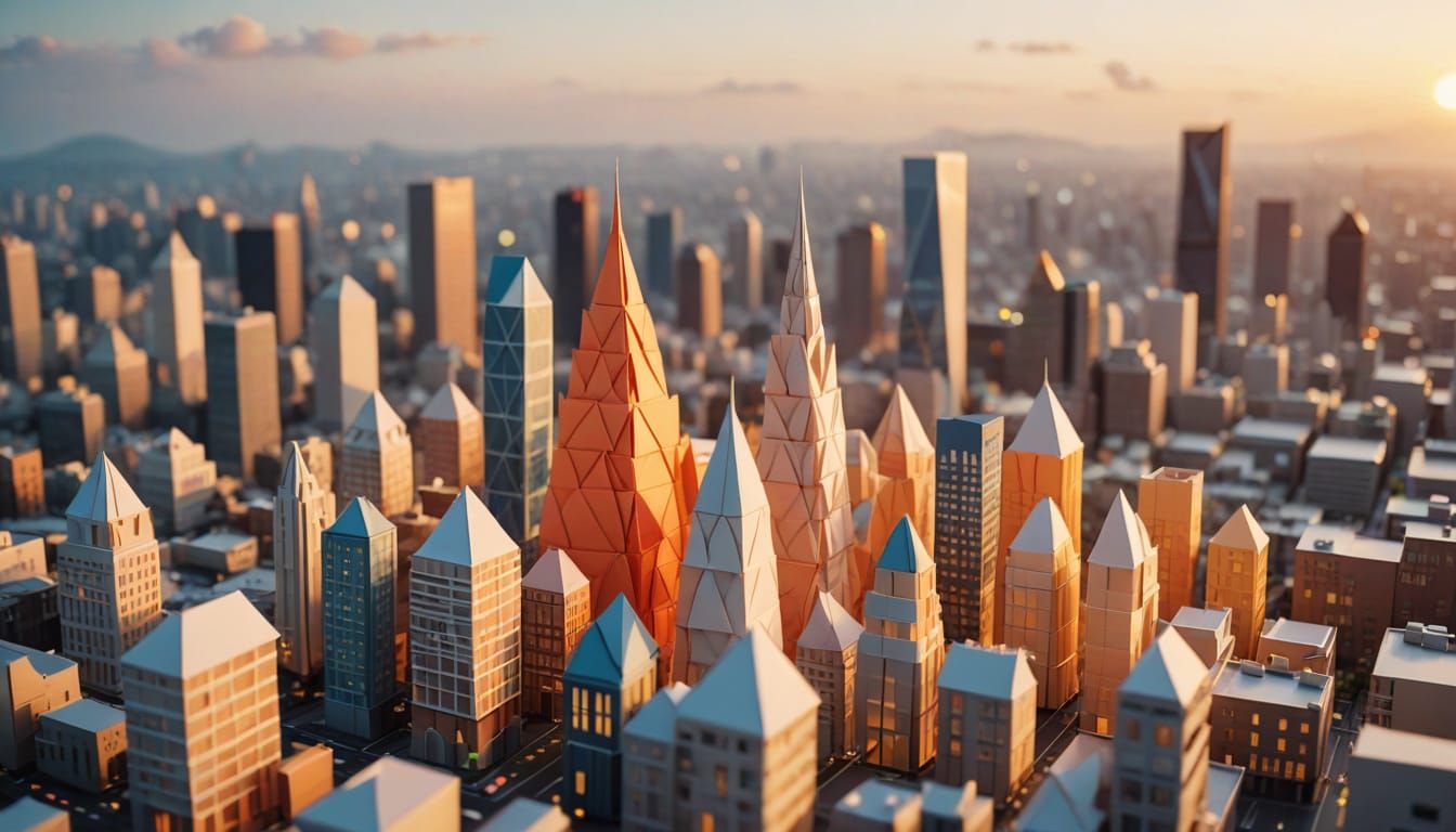 Origami City Skyline at Dawn in Papercraft Style