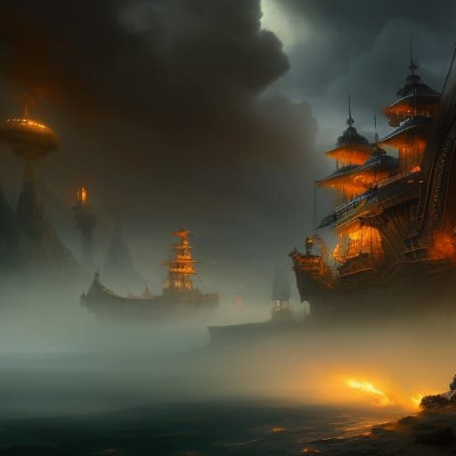Glowing Pirate Ships in Haunted Bay: Digital Matte Painting