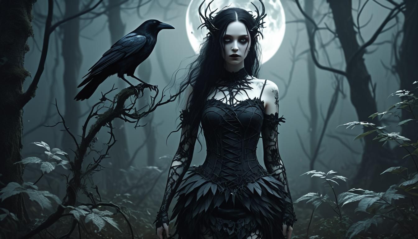 Gothic Cybernetic Nymph in Dark Fantasy Forest