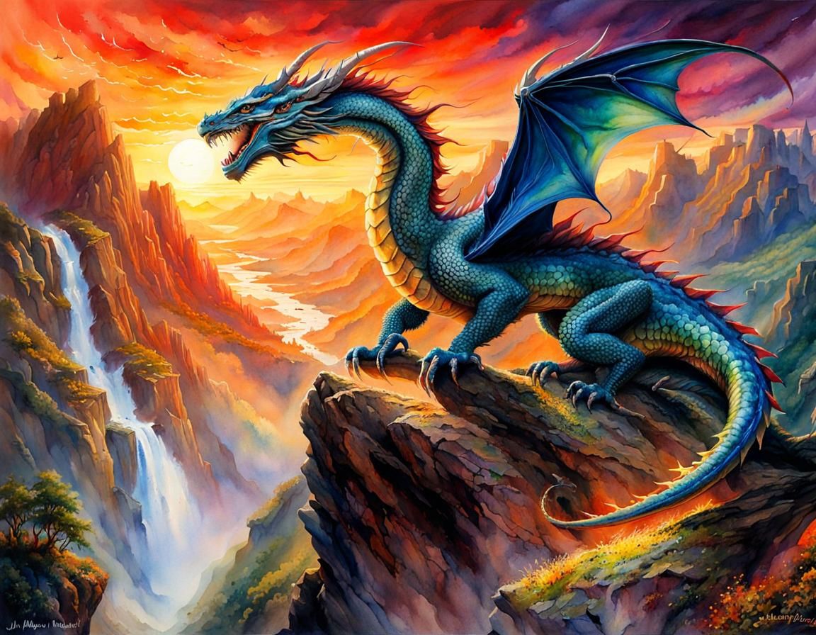 Fierce Dragon in Watercolor Fantasy Art