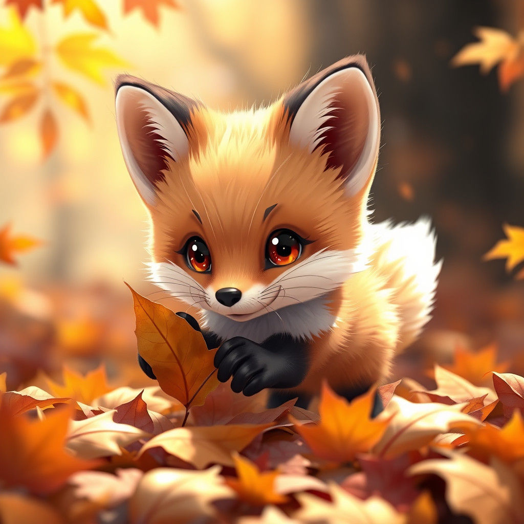 Cute Fox Cub Plays in Autumn Leaves