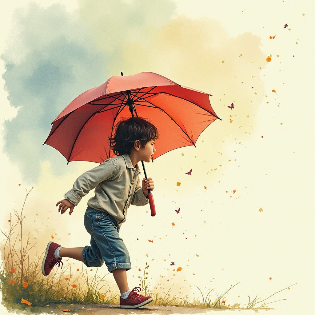 Child's Chase: Vintage Watercolor of Wind and Umbrella