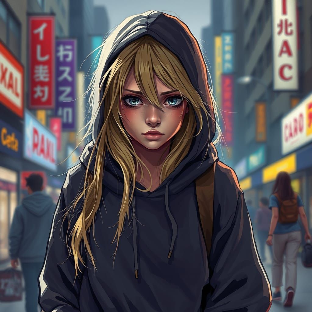 Scared Girl Hiding in City, Hyperrealistic Art