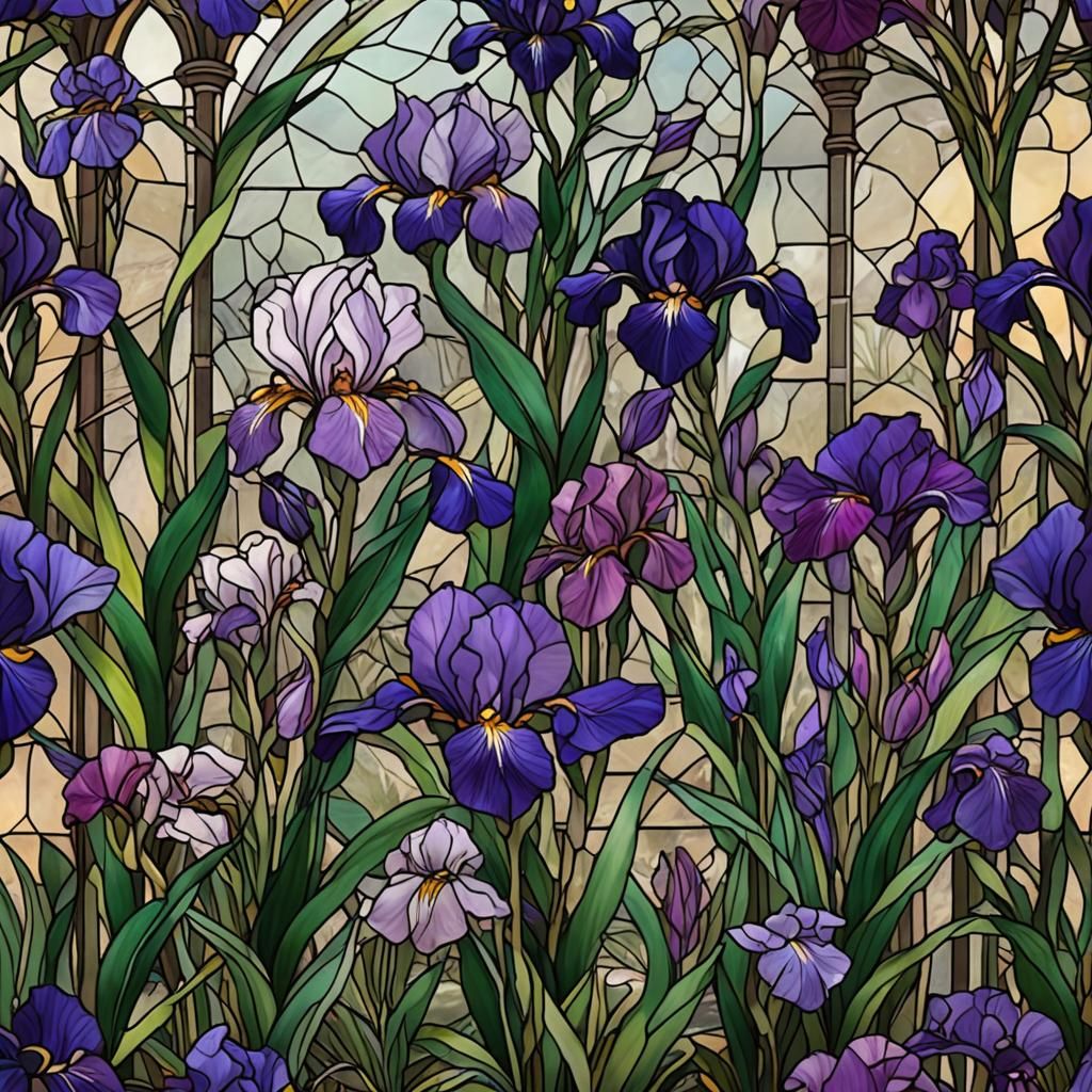 Stained Glass Irises and Violets in Detailed Matte Painting