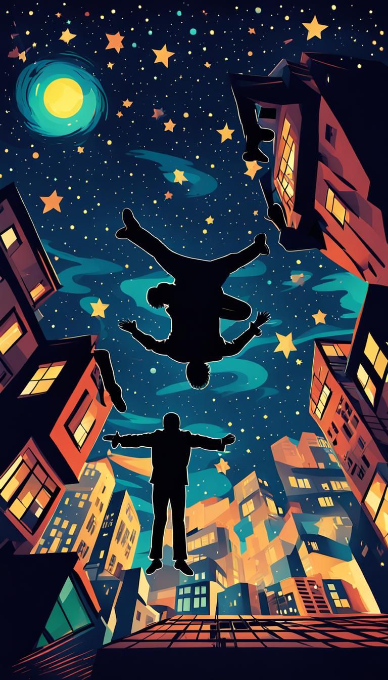 illusion of two silhouettes hanging upside-down on a roof the city at night with stars and shooting stars, dark sky, bri...
