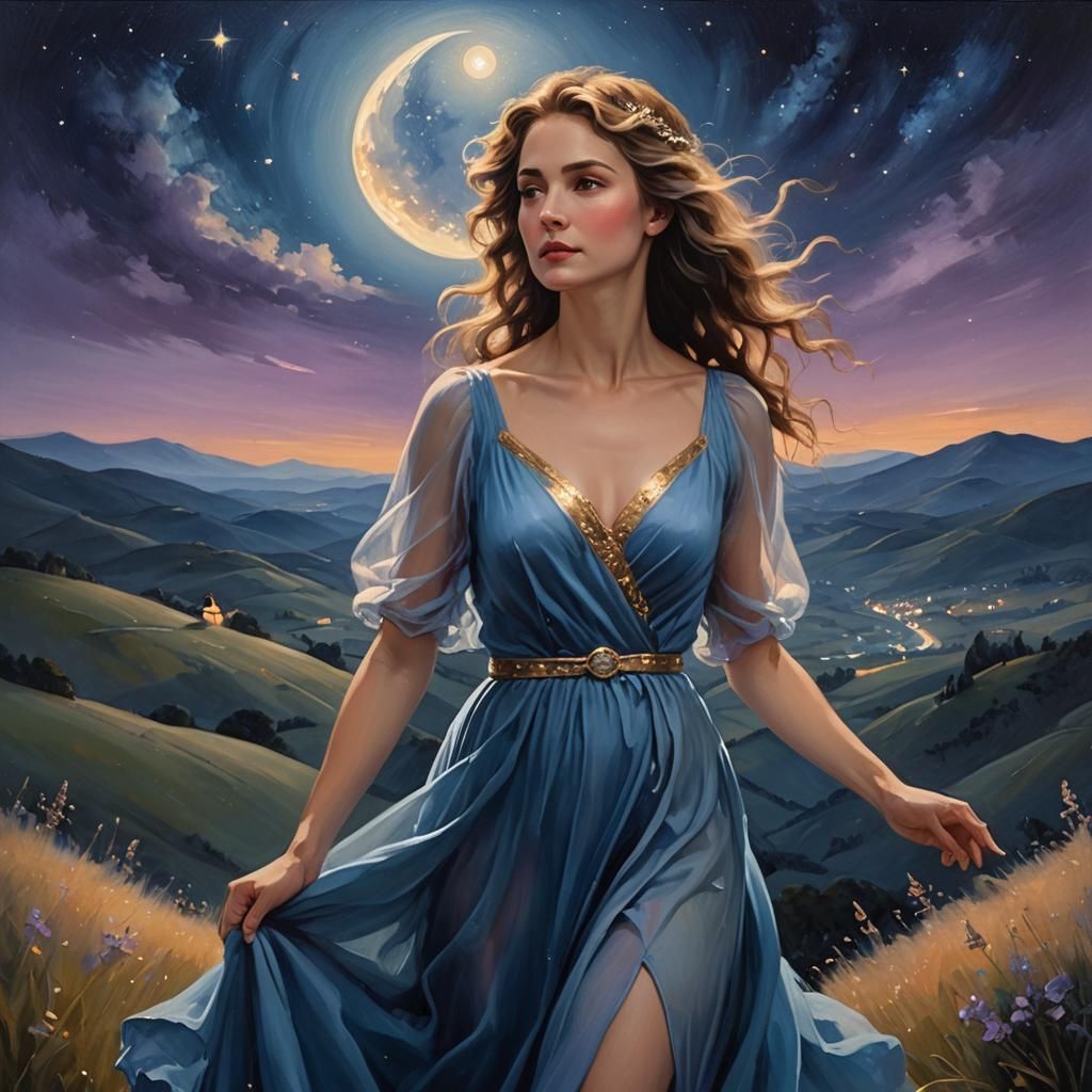 Moonlit Woman in Blue Gown: Romantic Oil Painting