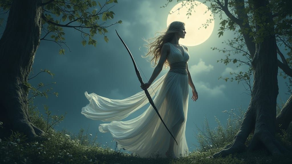Goddess Artemis Under Moonlit Greek Forest