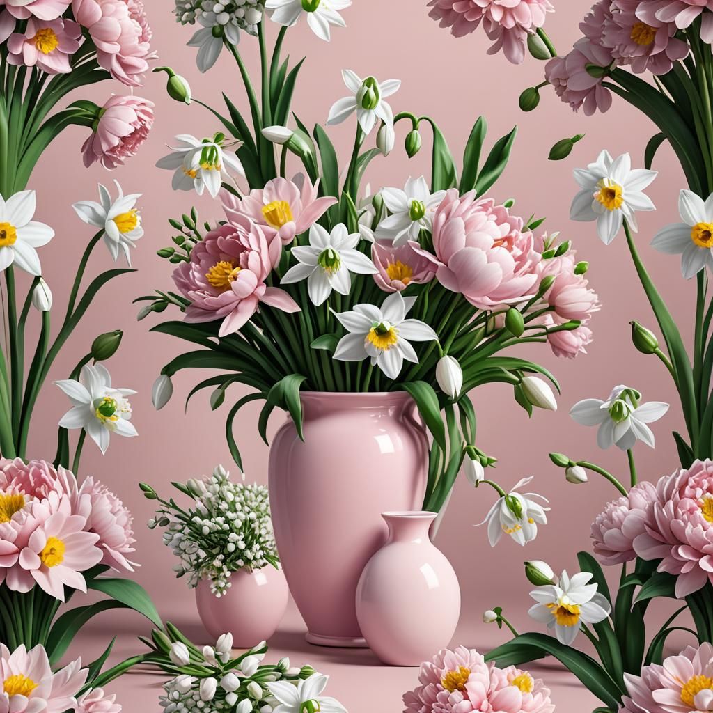 Cute Cartoon Bouquet of Flowers in Pink Vase