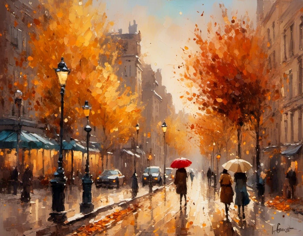 Charming New York Autumn Street Scene as Oil Painting