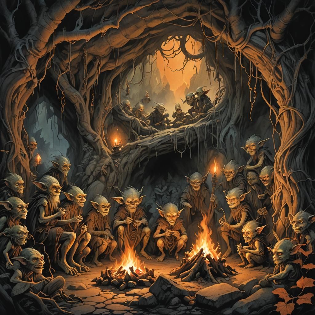 Dark Fantasy Goblins Gathered Around a Cozy Cave Fire