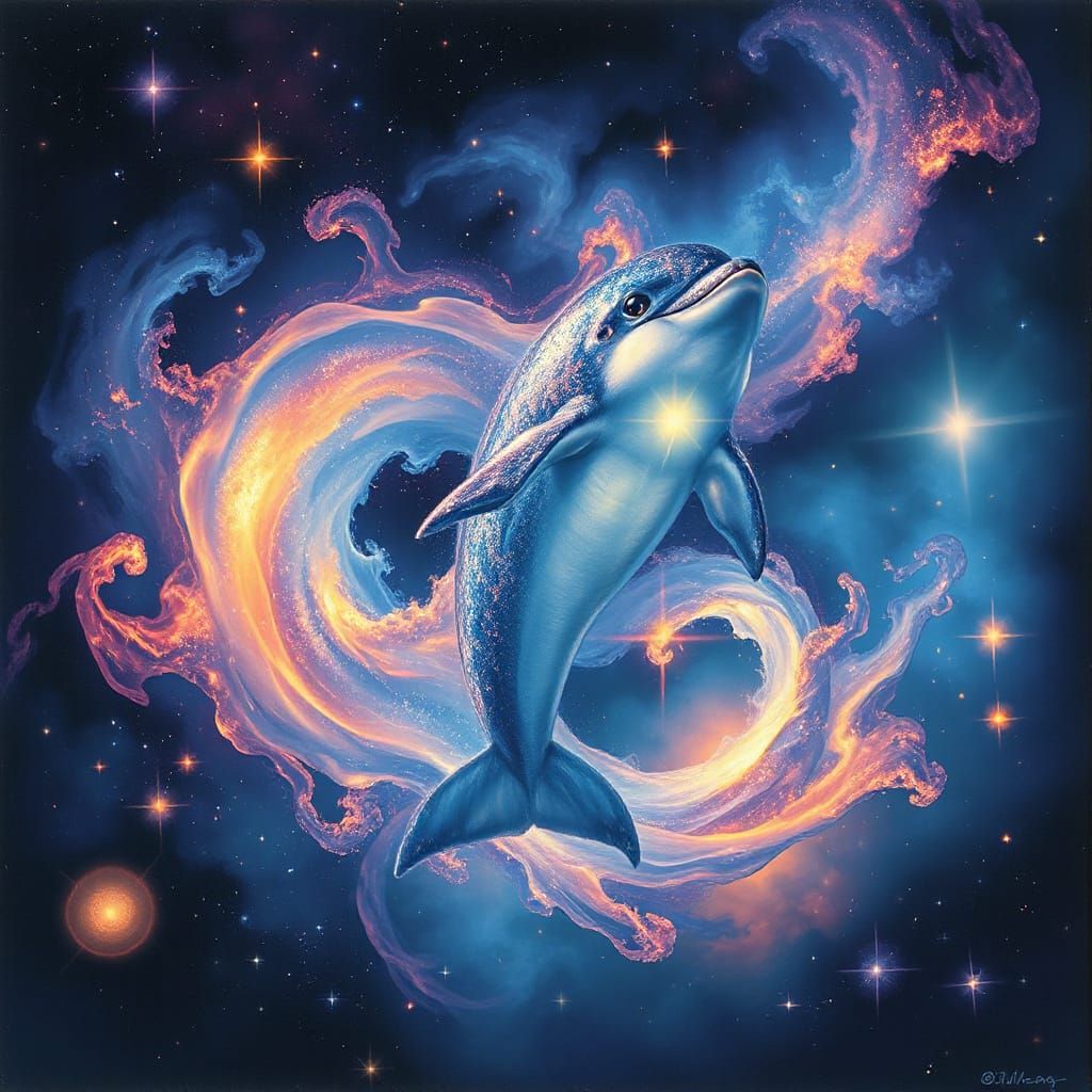 Magical Dolphin in Cosmic Nebula, Ethereal Space Art