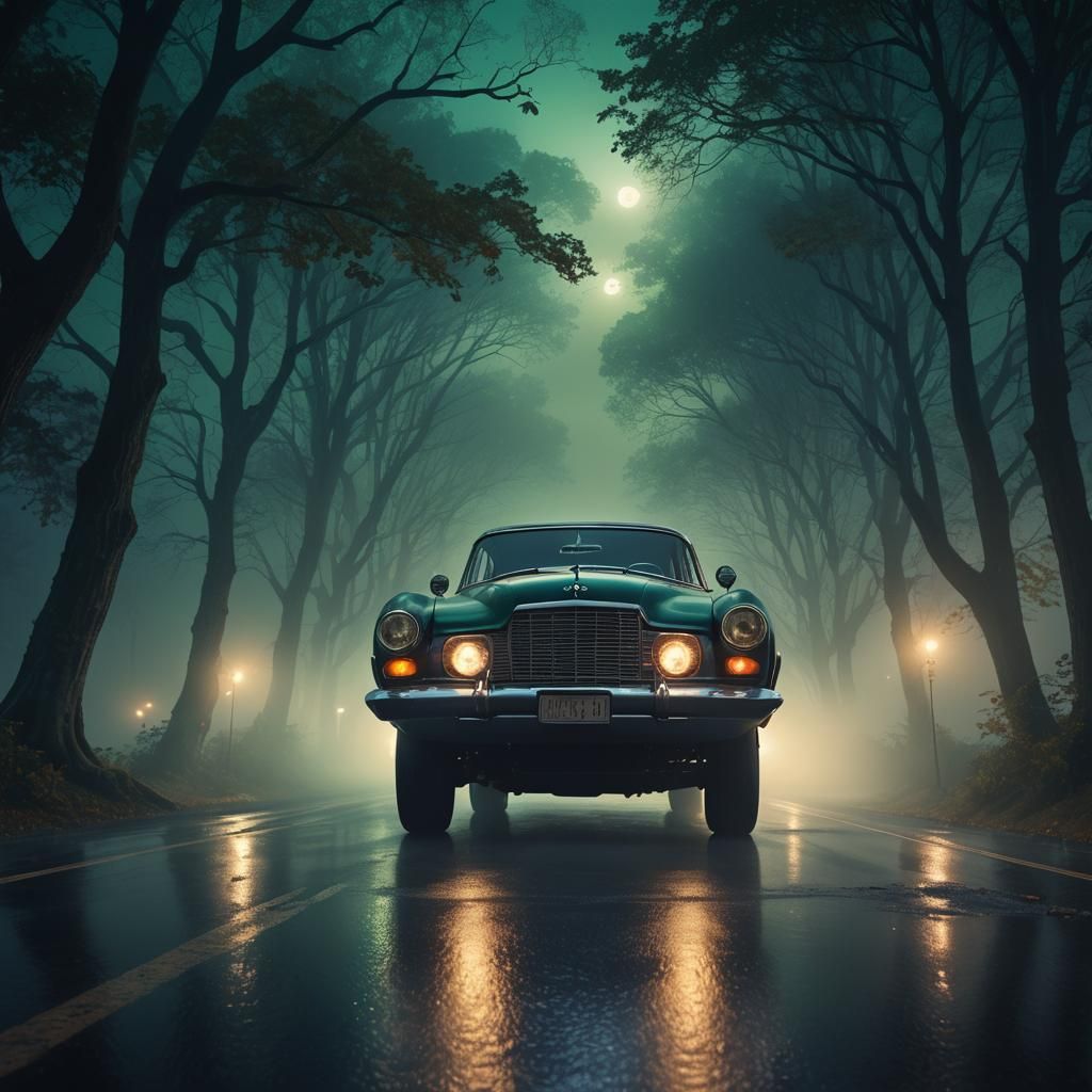 Vintage Car on Misty Highway: a Matte Painting