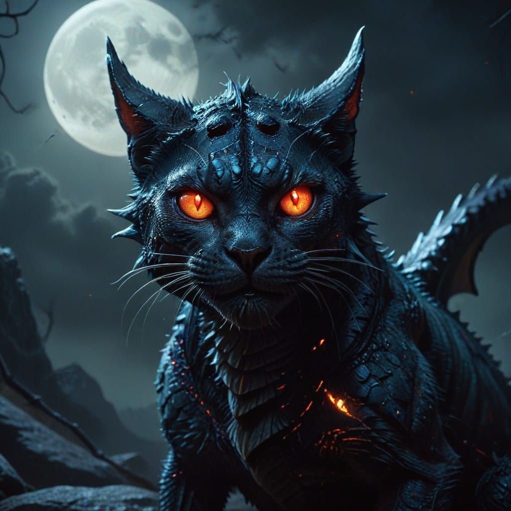 Fearsome Dragon with Cat Rider in Dark Fantasy Scene