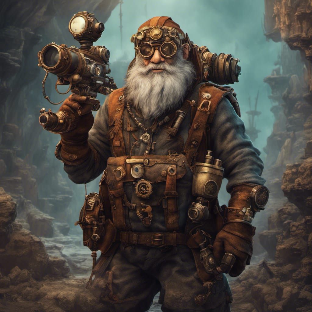 Steampunk Dwarf with Goggles and Shoulder Gun